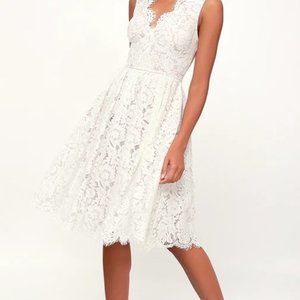 Lulu's Love Swept White Lace Midi Skater Dress MED